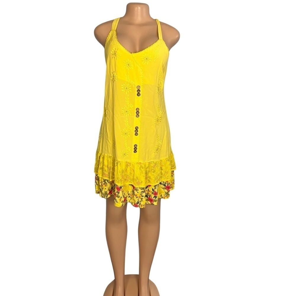 3/$30 ☀️ Raya Sun Bright Yellow Bohemian Embroidered Mini Dress